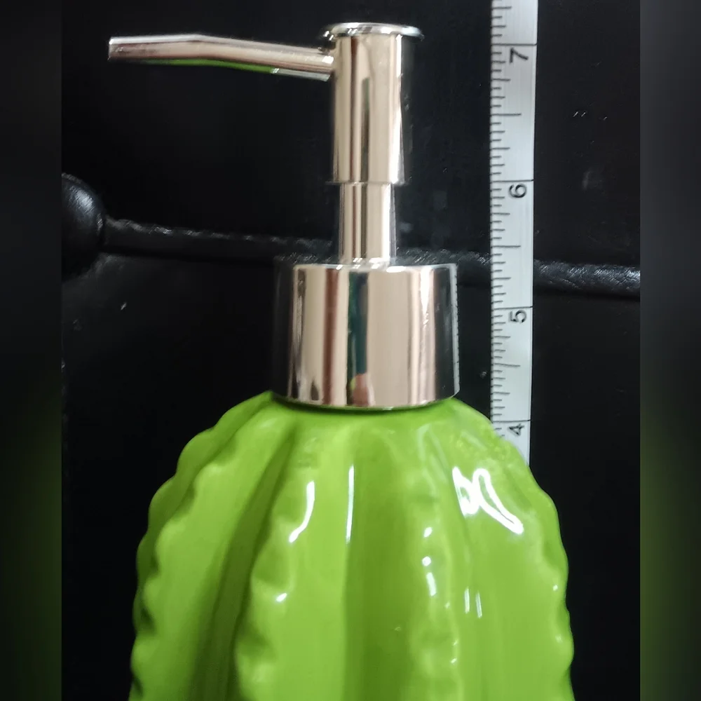 3/10 NEW Ceramic Cactus Soap Dispenser Green Silver *FLAW* Western Southwestern
